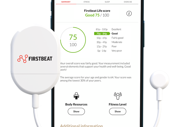 Firstbeat Life device and mobile phone showing the Firstbeat app